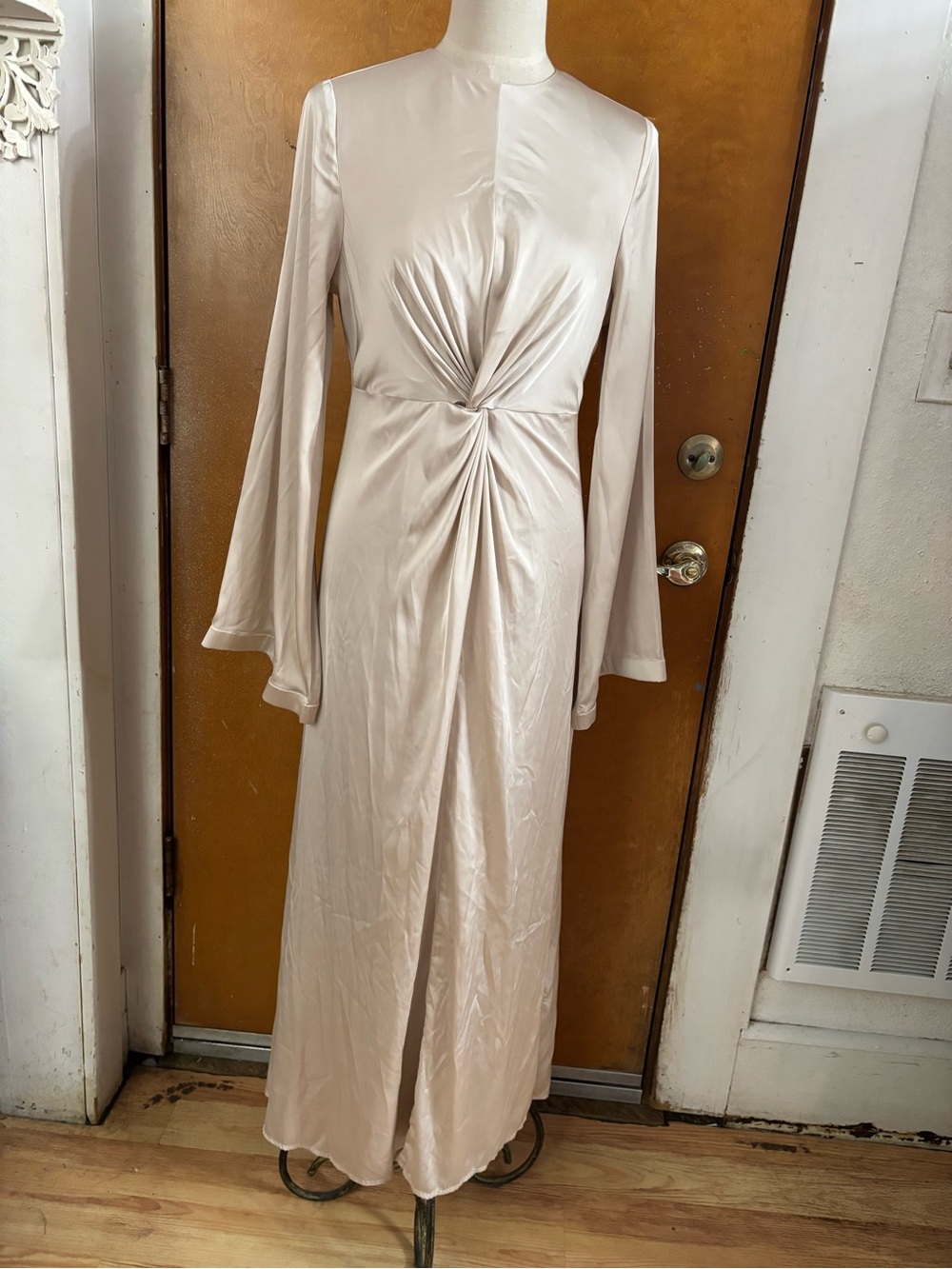 Veiled Satin maxi dress. Cream/ champagne